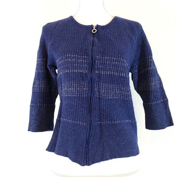 ALEX MARIE Knit SIZE XL Zip Front Blue Metallic 3/4 Sleeve Cardigan Sweater - Picture 1 of 11